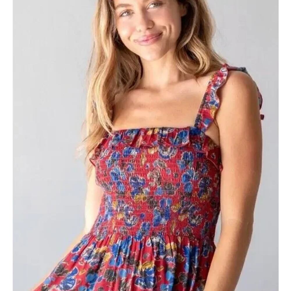 Natural Life Megan Smocked Midi Dress Floral Ruffle Square Neck Sleeveless Boho - Picture 2 of 12